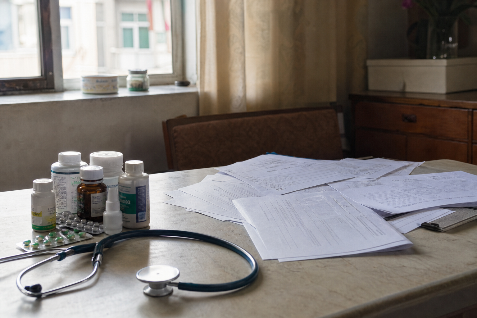 Medicine bottles, a stethoscope, and legal papers arranged on a desk.