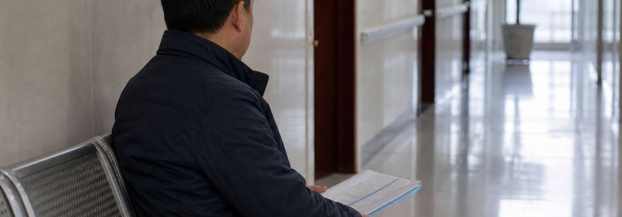 A man sitting alone on a hospital corridor bench holding a folder of documents.
