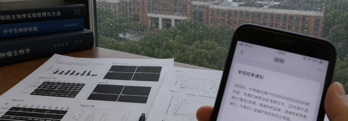Printed biomedical research figures and a smartphone with a blurred Chinese short-video moderation notice on a desk