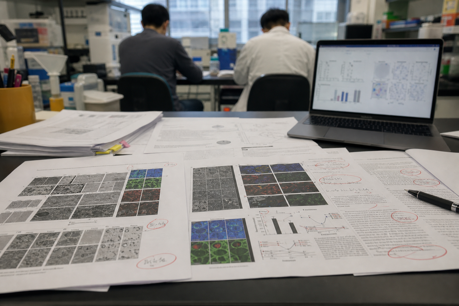 Printed microscopy figures, marked-up journal pages, and a laptop with blurred charts in a laboratory office