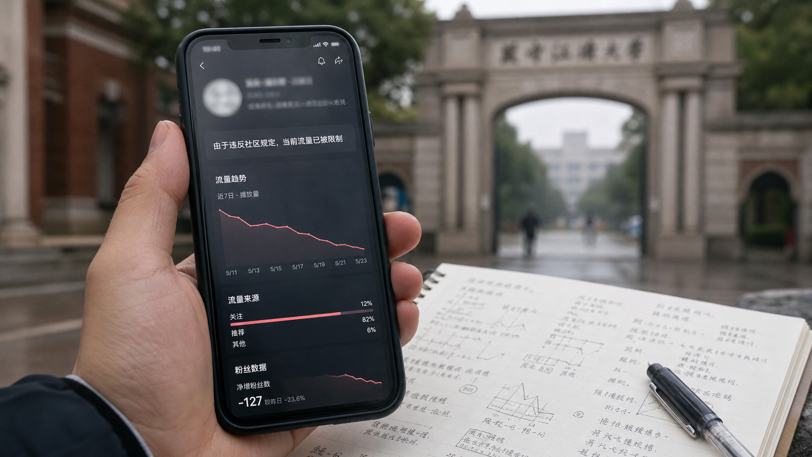 A smartphone showing a blurred short-video account dashboard beside research notes near a university campus gate