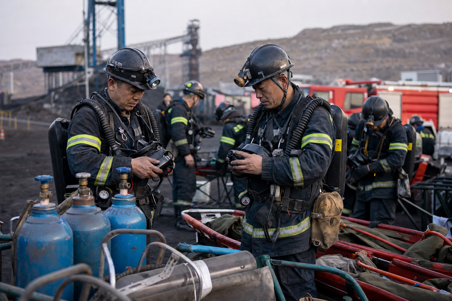Realistic editorial image of coal mine rescue workers checking breathing equipment and gas detectors after the Shanxi mine blast