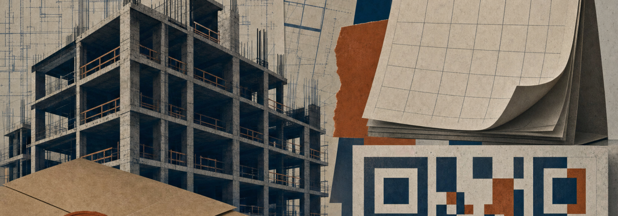 Conceptual collage of construction blueprints, an unfinished building frame, pay envelopes, a calendar and an abstract geometric grid