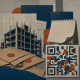Conceptual collage of construction blueprints, an unfinished building frame, pay envelopes, a calendar and an abstract geometric grid