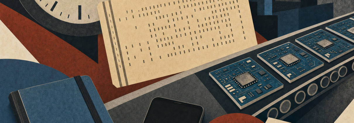 Layered collage of a factory clock, blank punch card, circuit boards, school notebook, smartphone and wage envelopes