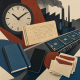 Layered collage of a factory clock, blank punch card, circuit boards, school notebook, smartphone and wage envelopes