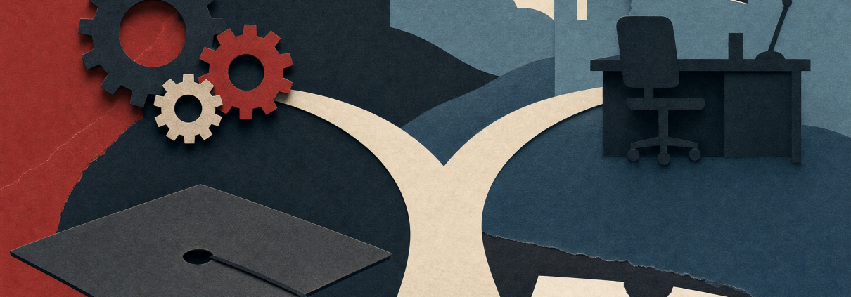 Cut-paper collage of a graduation cap, a split blank contract, branching paths, factory gears and an office desk in muted red, cream and blue.