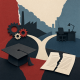 Cut-paper collage of a graduation cap, a split blank contract, branching paths, factory gears and an office desk in muted red, cream and blue.