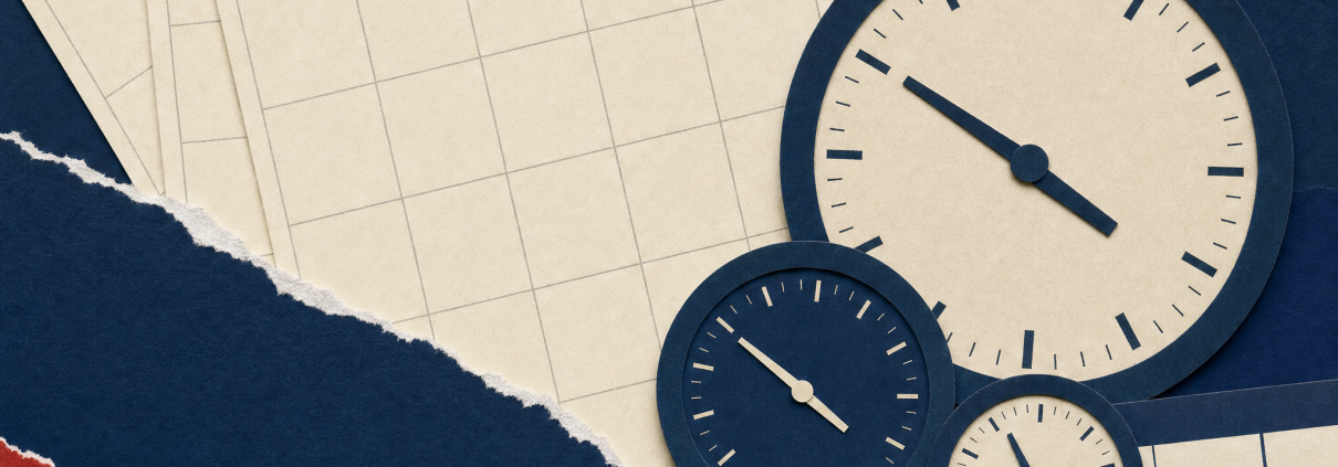 Layered paper calendar, clock faces, timetable grid and a small moon in a muted editorial collage.