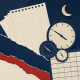 Layered paper calendar, clock faces, timetable grid and a small moon in a muted editorial collage.