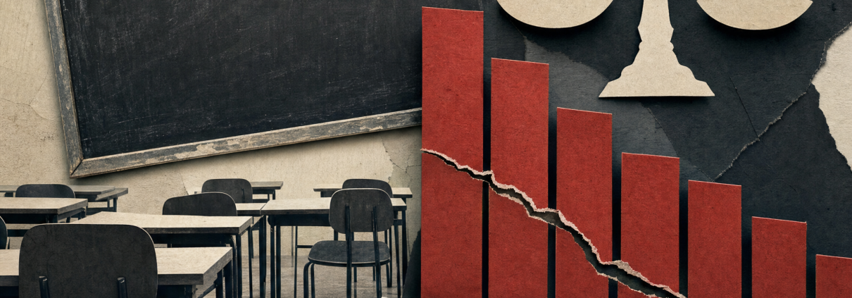 An empty classroom desk, blank exam papers, a cracked red ranking bar and paper scales in a layered collage