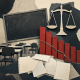 An empty classroom desk, blank exam papers, a cracked red ranking bar and paper scales in a layered collage