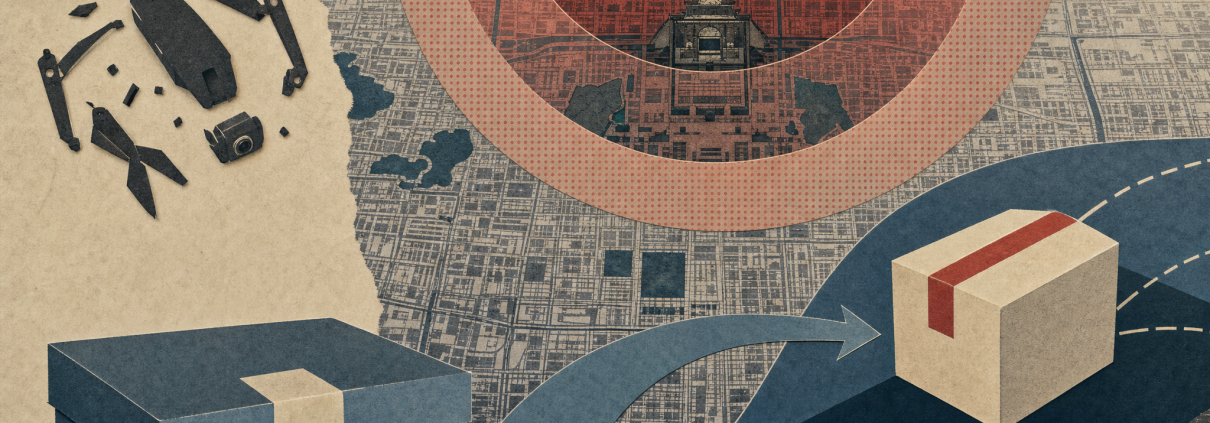 A paper-cut city grid beneath restricted-airspace rings with a dismantled drone, storage box and outbound parcel