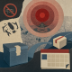 A paper-cut city grid beneath restricted-airspace rings with a dismantled drone, storage box and outbound parcel