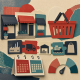 Layered paper storefronts, a shopping basket, paired calendar blocks and an abstract rating gauge