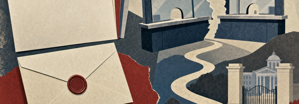 Layered application folders, a payment envelope, disconnected chat bubbles and a path toward a university gate