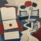 Layered application folders, a payment envelope, disconnected chat bubbles and a path toward a university gate