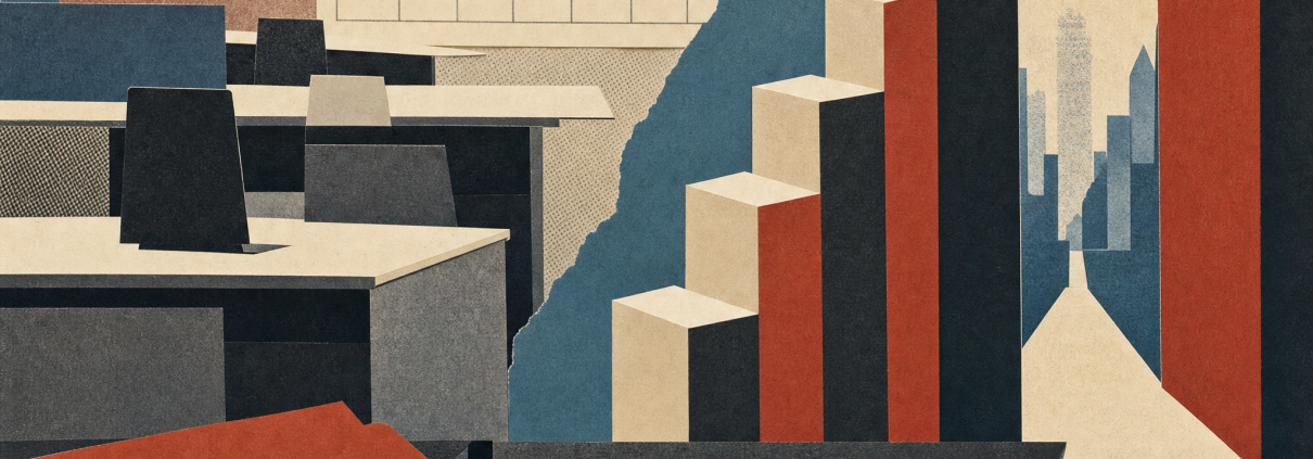 Layered empty desks, blank application folders, rising paper blocks and a narrow doorway in an abstract city collage