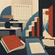 Layered empty desks, blank application folders, rising paper blocks and a narrow doorway in an abstract city collage
