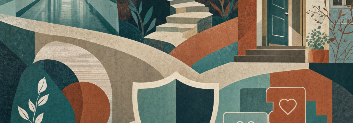 Layered pathways connect an abstract hospital corridor, mountain steps, a home doorway and a shield in a geometric collage