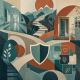 Layered pathways connect an abstract hospital corridor, mountain steps, a home doorway and a shield in a geometric collage