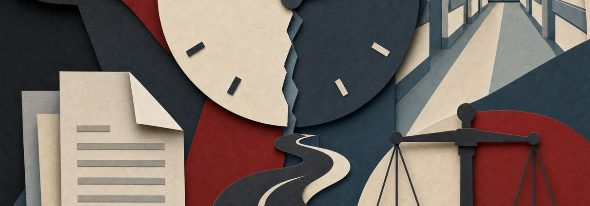 Layered conceptual collage of an abstract clock, winding road, hospital shapes, documents, and balanced scales