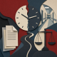 Layered conceptual collage of an abstract clock, winding road, hospital shapes, documents, and balanced scales