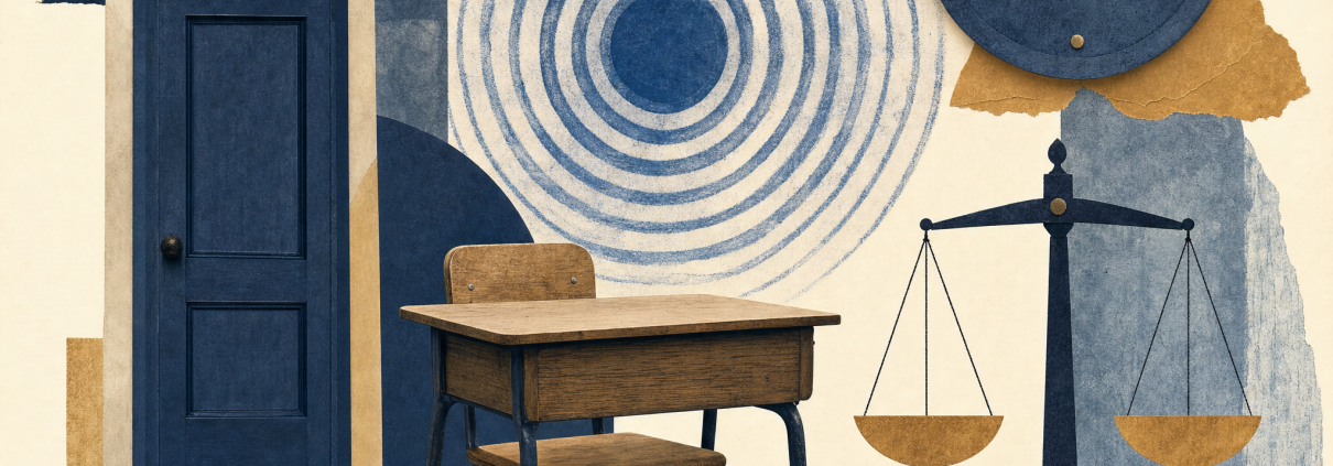 Conceptual paper collage of an empty school desk, abstract blue ripples, a clock and legal scales