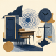 Conceptual paper collage of an empty school desk, abstract blue ripples, a clock and legal scales