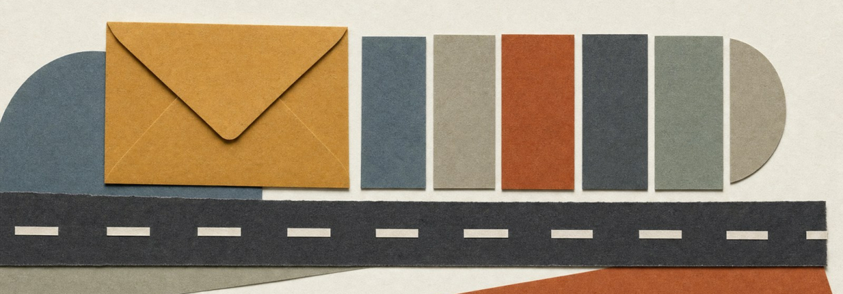 Cut-paper collage of a charcoal road strip, an empty ochre envelope and a row of muted geometric tiles.