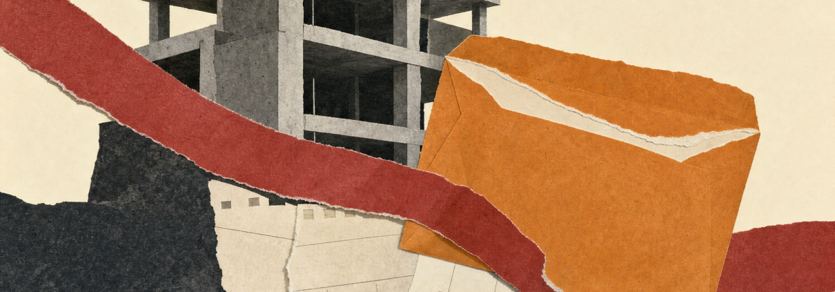 Layered gray and rust paper shapes with an unfinished structure, an empty envelope and abstract calendar fragments.