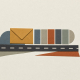 Cut-paper collage of a charcoal road strip, an empty ochre envelope and a row of muted geometric tiles.