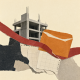 Layered gray and rust paper shapes with an unfinished structure, an empty envelope and abstract calendar fragments.