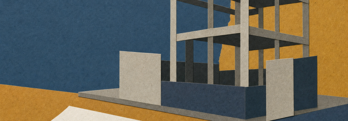 Cut-paper collage of a geometric building frame, blank pay envelopes and copper-colored discs on a slate-blue and ochre background.