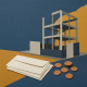 Cut-paper collage of a geometric building frame, blank pay envelopes and copper-colored discs on a slate-blue and ochre background.
