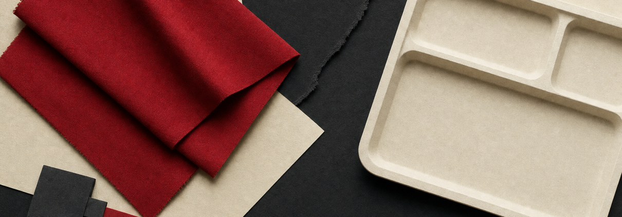 Crimson fabric, an empty meal tray and disconnected cable shapes in a charcoal and ivory paper collage.