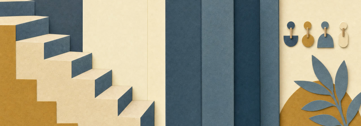 Cut-paper collage of geometric steps, an opaque folded screen, wall hooks and shoe silhouettes in blue, cream and ochre.