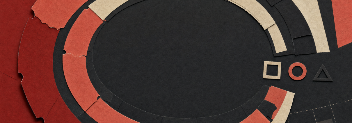 Abstract paper collage of a circular track, three geometric markers, stage-light arcs and an overhead grid