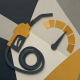 Cut-paper fuel nozzle and coiled hose beside a segmented amber gauge on charcoal and pale gray geometric layers.