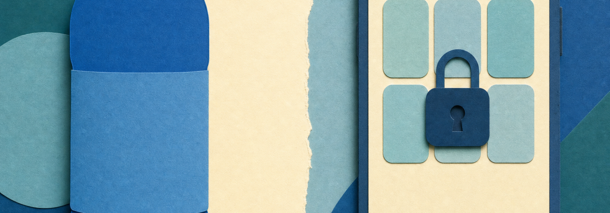 Cut-paper collage of a plain blue bottle beside a blank smartphone with rounded tiles and a padlock shape on an ivory background.