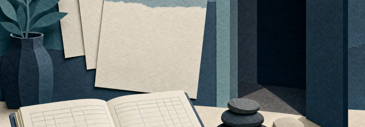 Paper collage of a blank ledger, layered calendar pages, coins, spa stones, a folded towel, and a dark doorway.