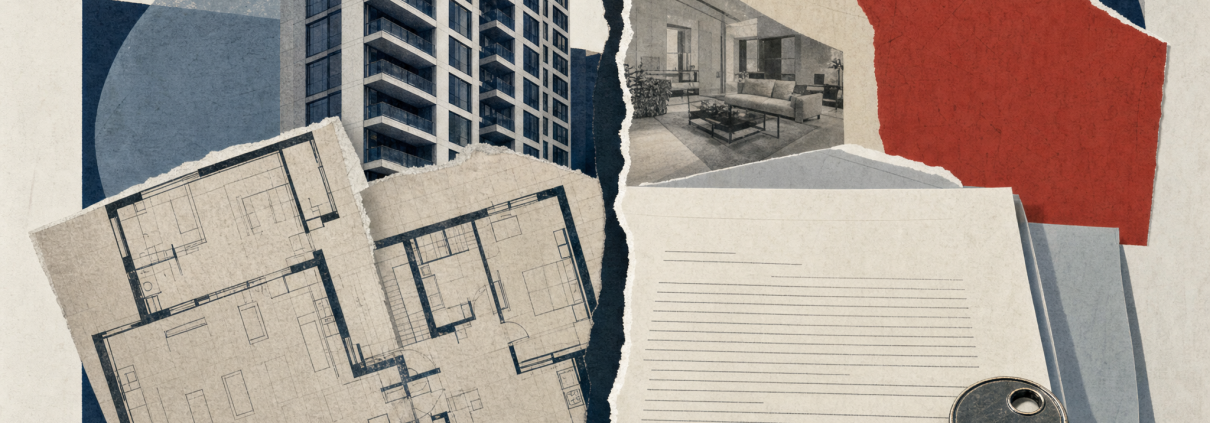 Conceptual paper collage of an apartment tower, floor plans, a house key and a divided property contract