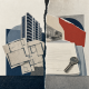 Conceptual paper collage of an apartment tower, floor plans, a house key and a divided property contract