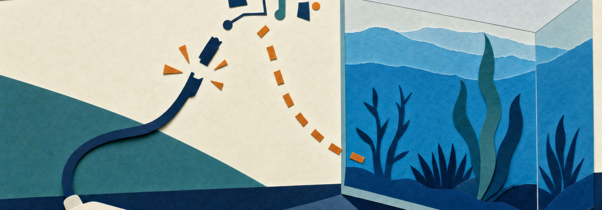 Cut-paper collage of a power strip beside a blue aquarium with plants and separated circuit shapes.