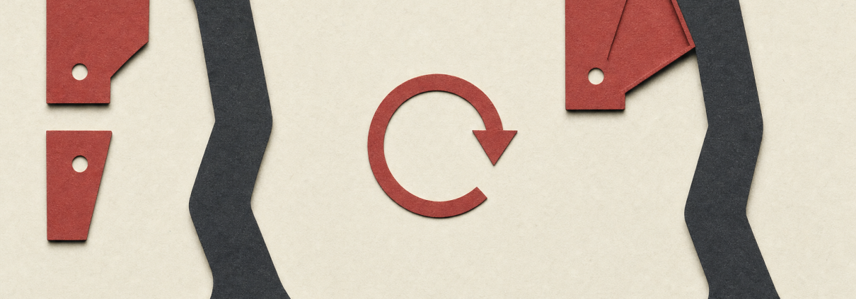 Cut-paper collage of an abstract brake pedal, separated and connected bracket shapes, and a circular arrow in charcoal, red and cream.