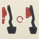 Cut-paper collage of an abstract brake pedal, separated and connected bracket shapes, and a circular arrow in charcoal, red and cream.