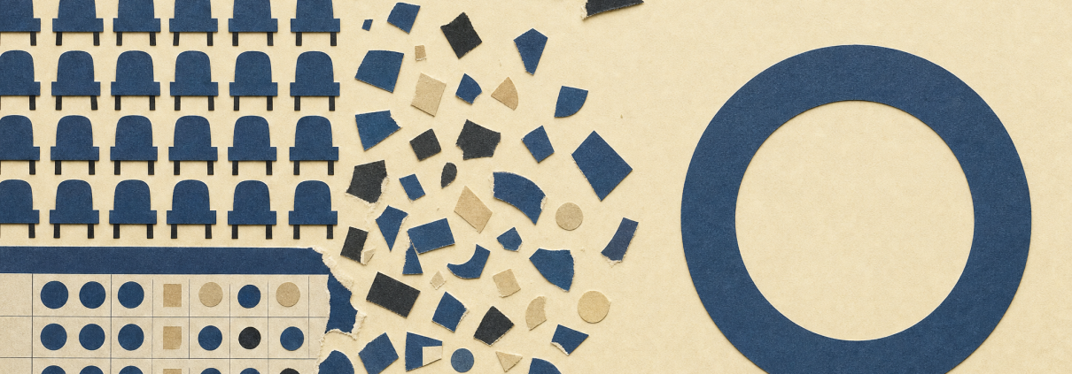 Cut-paper collage showing ordered rows of abstract seat shapes dissolving into scattered fragments on the left, a torn circular arrow above a seam, and one intact ring on the right, in indigo, sand and charcoal.