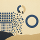Cut-paper collage showing ordered rows of abstract seat shapes dissolving into scattered fragments on the left, a torn circular arrow above a seam, and one intact ring on the right, in indigo, sand and charcoal.