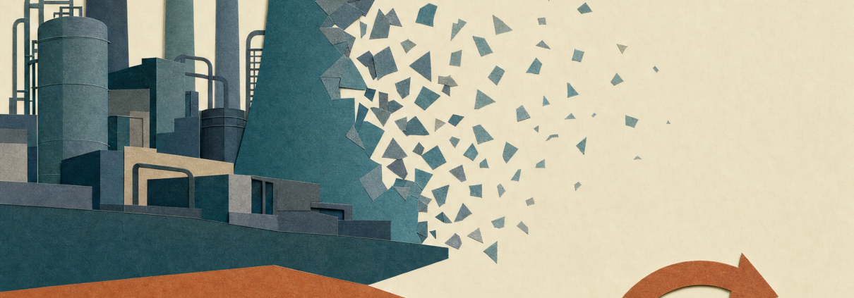 Cut-paper collage of a blocky industrial skyline in teal and slate with one tower dissolving into scattered fragments, an empty gate motif and an interrupted circular arrow below, in a muted teal, rust and sand palette.