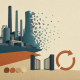 Cut-paper collage of a blocky industrial skyline in teal and slate with one tower dissolving into scattered fragments, an empty gate motif and an interrupted circular arrow below, in a muted teal, rust and sand palette.